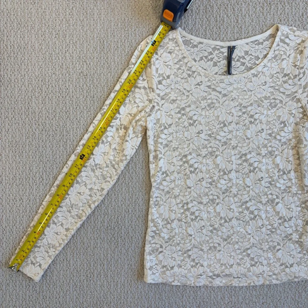 By Anthropologie Long Sleeve Lace Crew Neck Top, SMALL Almond Floral Sheer boho